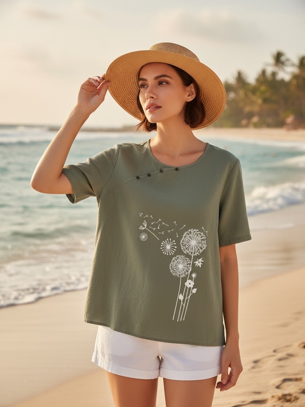 Women’s 2X Olive Green Dandelion Graphic Short-Sleeve Tee. Cotton Linen